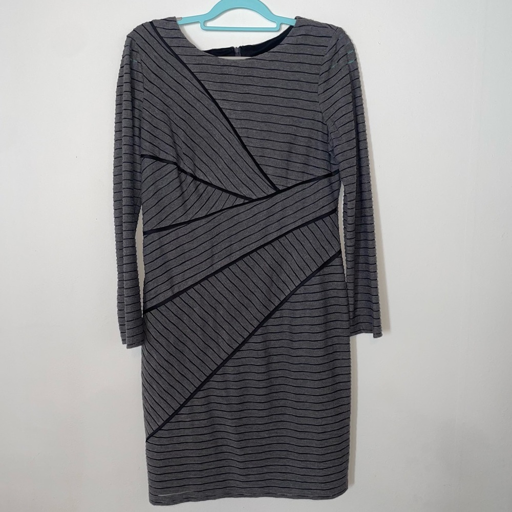 Adrianna Papell Sheath Dress 12 Gray Long Sleeve Cocktail Sheer Stripes Lined